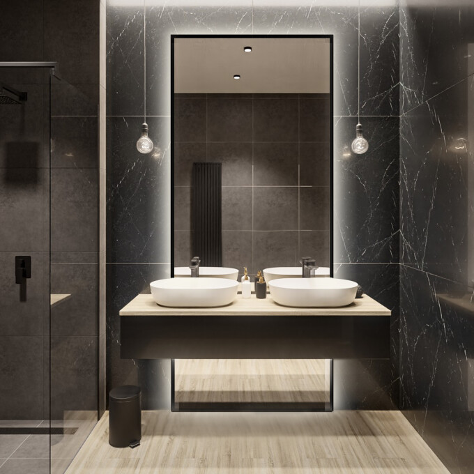 Lustro 1503 W DWÓCH CZĘŚCIACH w ramie (rama dookoła każdej części) z podświetleniem LED-#0