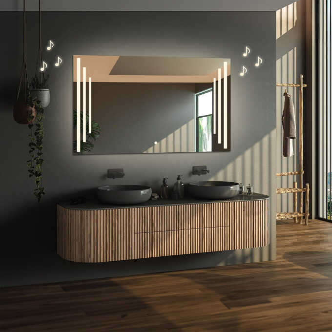 Lustro prostokątne ALIS piaskowane z podświetleniem LED i białą zabudową MDF - poziom + głośnik bluetooth + włącznik dotykowy (na środku na dole) + ŻYWOTNOŚĆ TAŚMY LED LONG LIFE 70 000 GODZ-#0