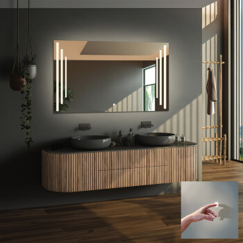 Lustro prostokątne ALIS piaskowane z podświetleniem LED i białą zabudową MDF 150x100 - poziom - włącznik dotykowy na środku na dole + ŻYWOTNOŚĆ TAŚMY LED LONG LIFE 70 000 GODZ