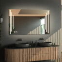 Lustro prostokątne ALIS piaskowane z podświetleniem LED i białą zabudową MDF - poziom + zegar cyfrowy z czujnikiem temperatury (lewy dolny róg) + włącznik dotykowy (na środku na dole) + ŻYWOTNOŚĆ TAŚMY LED LONG LIFE 70 000 GODZ-#1