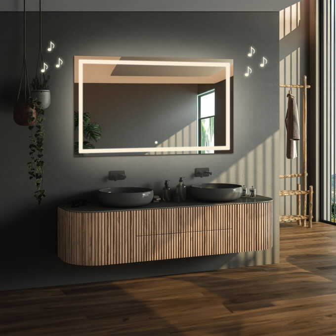 Lustro prostokątne EMI piaskowane z podświetleniem LED  - poziom + głośnik bluetooth + włącznik dotykowy (na środku na dole) + ŻYWOTNOŚĆ TAŚMY LED LONG LIFE 70 000 GODZ-#0