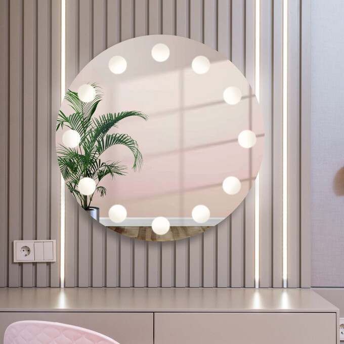 Lustro okrągłe kosmetyczne HOLLYWOOD piaskowane z podświetleniem LED i białą zabudową MDF-#0