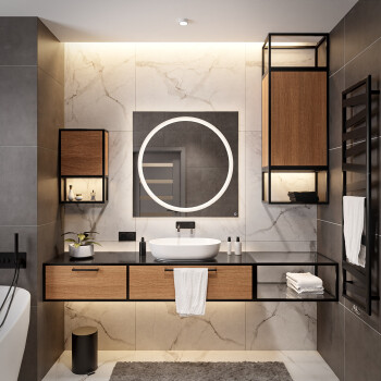 Lustro HUGO piaskowane z podświetleniem LED i białą zabudową MDF 110x110