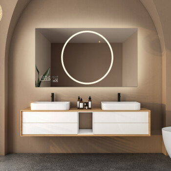 Lustro prostokątne HUGO piaskowane z podświetleniem LED i białą zabudową MDF 120x60 - poziom + stacja pogody (lewy dolny róg)  + ŻYWOTNOŚĆ TAŚMY LED LONG LIFE 70 000 GODZ