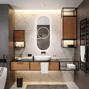 Lustro owalne LEO piaskowane z podświetleniem LED i białą zabudową MDF 60x150