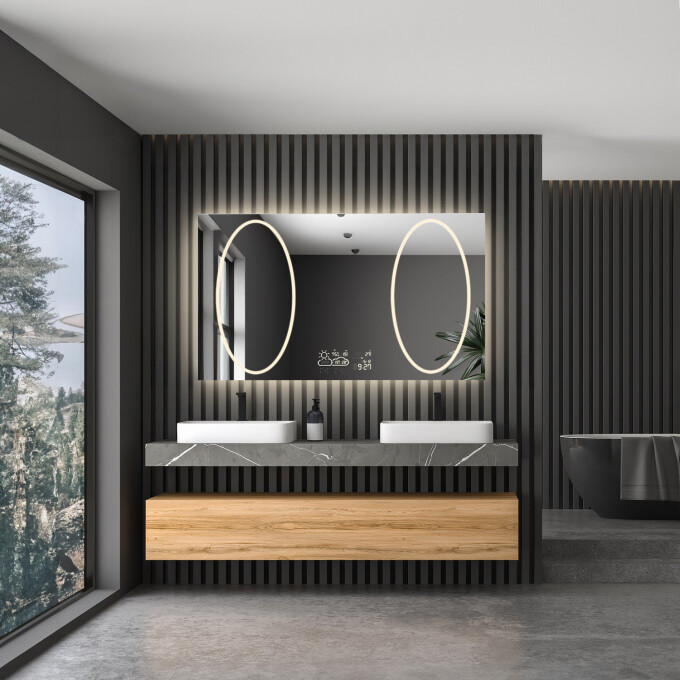 Lustro prostokątne MELISA piaskowane z podświetleniem LED II i białą zabudową MDF + stacja pogody (na środku na dole) + ŻYWOTNOŚĆ TAŚMY LED LONG LIFE 70 000 GODZ-#0