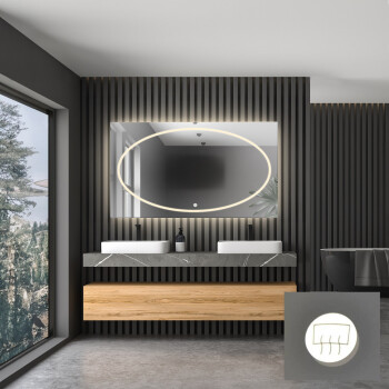 Lustro prostokątne MELISA piaskowane z podświetleniem LED i białą zabudową MDF 150x60 - poziom + mata antyparowa z dedykowanym włącznikiem (na środku na dole) + ŻYWOTNOŚĆ TAŚMY LED LONG LIFE 70 000 GODZ