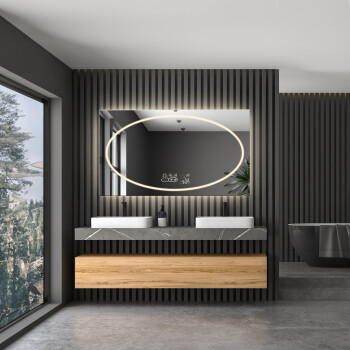 Lustro prostokątne MELISA piaskowane z podświetleniem LED i białą zabudową MDF 120x60 - poziom + stacja pogody (na środku na dole) + ŻYWOTNOŚĆ TAŚMY LED LONG LIFE 70 000 GODZ