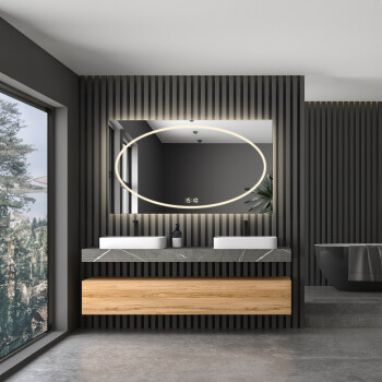 Lustro prostokątne MELISA piaskowane z podświetleniem LED i białą zabudową MDF 120x60 - poziom + zegar cyfrowy (na środku na dole) + ŻYWOTNOŚĆ TAŚMY LED LONG LIFE 70 000 GODZ