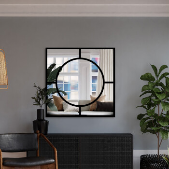 Lustro kwadratowe z loftowym kołem MERA czarne w ramie MDF 70x70