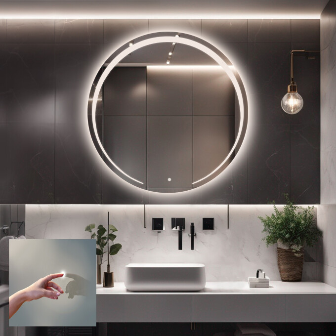 Lustro okrągłe NELA piaskowane z podświetleniem LED + włącznik dotykowy (na środku na dole) + ŻYWOTNOŚĆ TAŚMY LED LONG LIFE 70 000 GODZ-#0