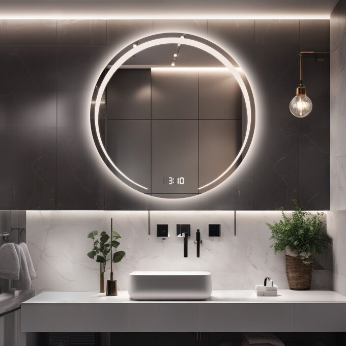 Lustro okrągłe NELA piaskowane z podświetleniem LED + zegar cyfrowy z czujnikiem temperatury (na środku na dole) + ŻYWOTNOŚĆ TAŚMY LED LONG LIFE 70 000 GODZ-#0