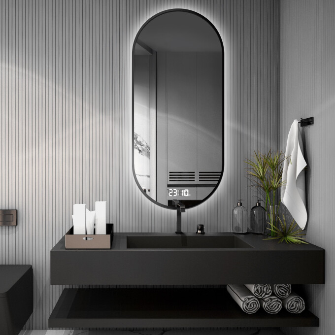 Lustro owalne OLI w ramie MDF SLIM z podświetleniem LED
 + zegar cyfrowy z czujnikiem temperatury (na środku na dole)
 + ŻYWOTNOŚĆ TAŚMY LED LONG LIFE 70 000 GODZ-#0