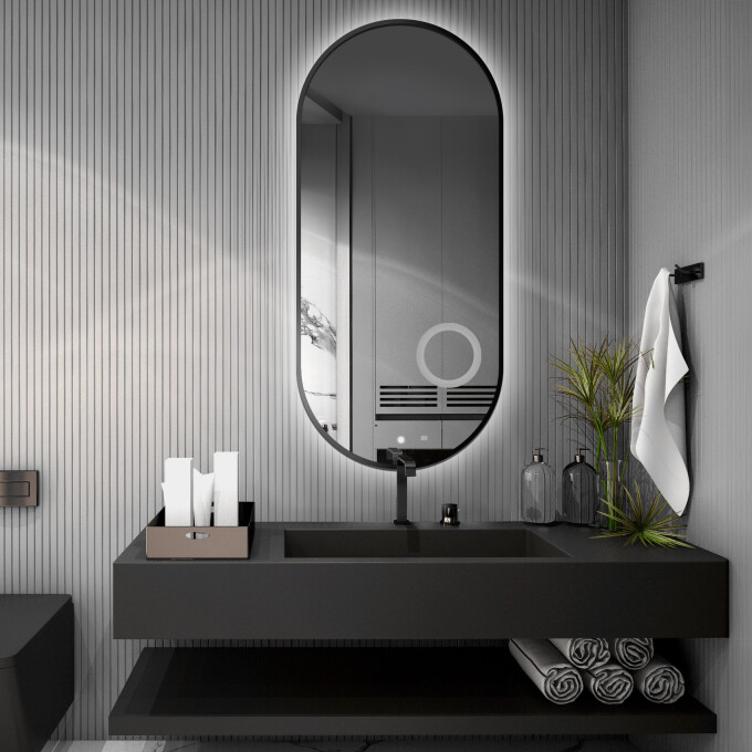 Lustro owalne OLI w ramie MDF SLIM z podświetleniem LED
 + lusterko ZOOM (fi 14)(wg załącznika)
 + włącznik dotykowy (na środku na dole)
 + ŻYWOTNOŚĆ TAŚMY LED LONG LIFE 70 000 GODZ-#0
