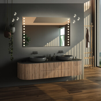 Lustro prostokątne OLIWIA piaskowane z podświetleniem LED 120x60 - poziom + głośnik bluetooth + włącznik dotykowy (na środku na dole) + ŻYWOTNOŚĆ TAŚMY LED LONG LIFE 70 000 GODZ