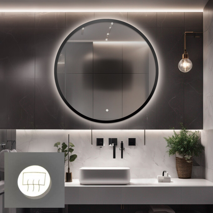 Lustro okrągłe OTTO w ramie MDF z podświetleniem LED + mata antyparowa z dedykowanym włącznikiem (na środku na dole) + ŻYWOTNOŚĆ TAŚMY LED LONG LIFE 70 000 GODZ-#0