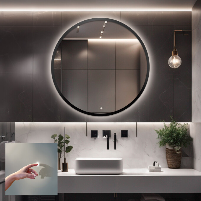 Lustro okrągłe OTTO w ramie MDF z podświetleniem LED + włącznik dotykowy (na środku na dole) + ŻYWOTNOŚĆ TAŚMY LED LONG LIFE 70 000 GODZ-#0