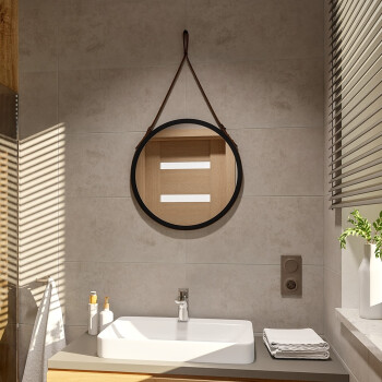 Lustro okrągłe OTTO czarne w ramie MDF na czarnym skórzanym pasku fi 80