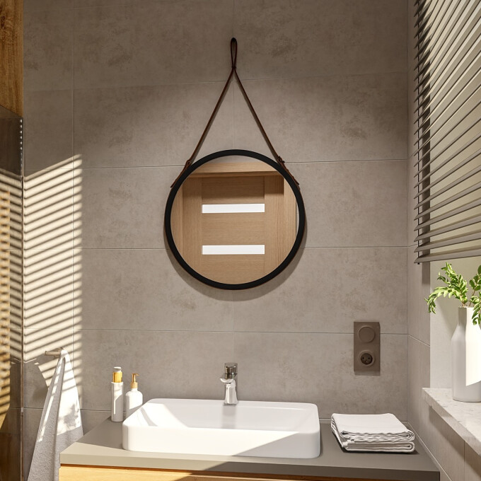 Lustro okrągłe OTTO w ramie MDF na czarnym skórzanym pasku-#0