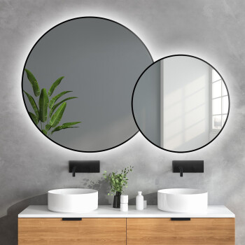 Zestaw okrągłe lustro w lustrze DOTTI czarne w ramie MDF SLIM z podświetleniem LED 153x100
